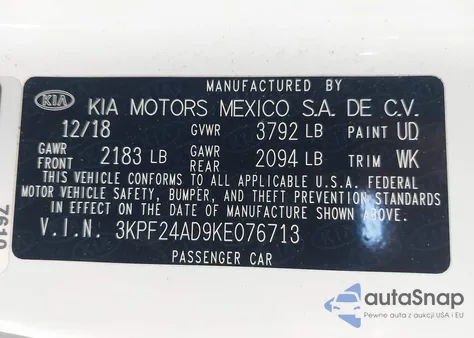 2019 Kia Forte Lxs z USA, uszkodzony, nr VIN 3KPF24AD9KE076713